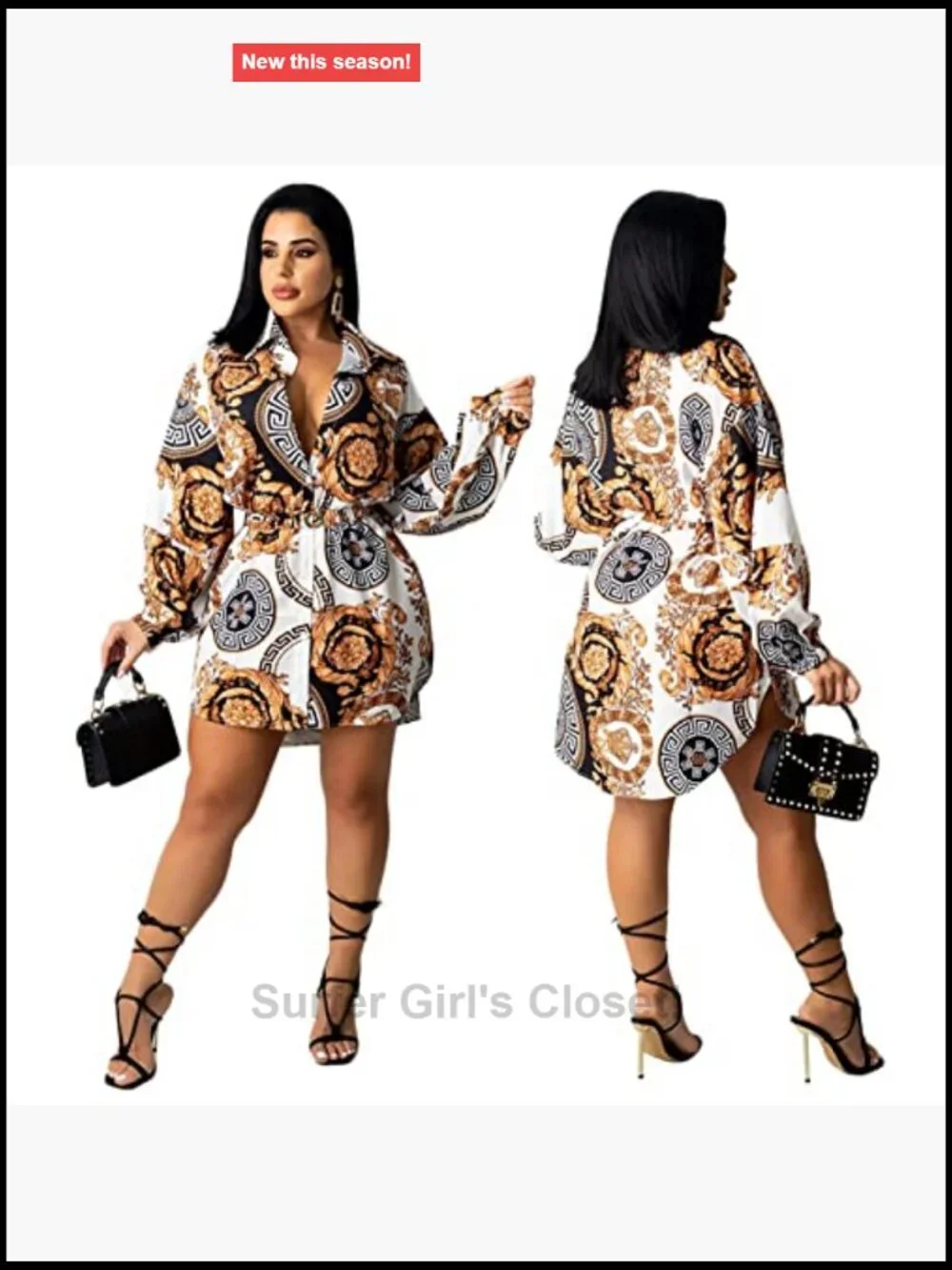 Floral Button Down Mini Shirt Dress with Belt - Lightweight Stretch